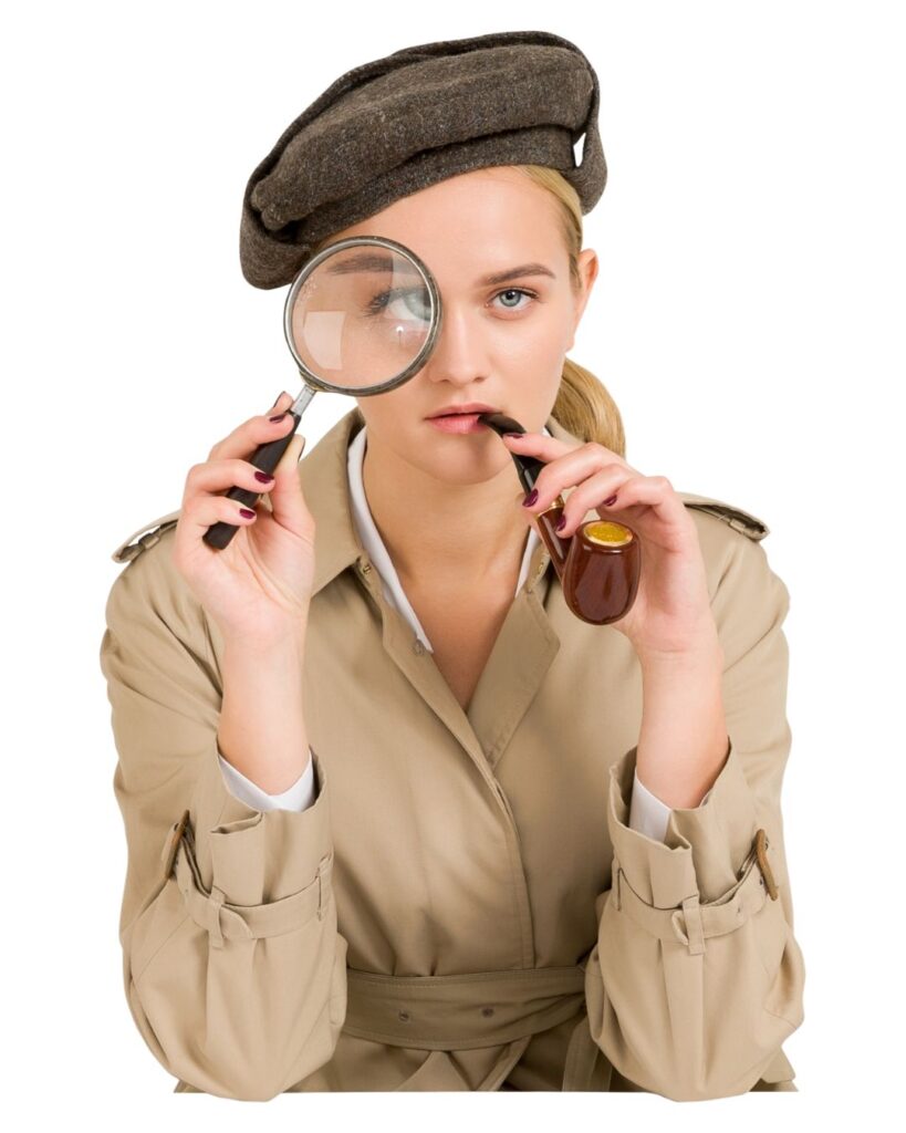Woman dressed as a stereotypical detective in brown Mac with magnifying glass, beret and pipe as she searches for answers after betrayal